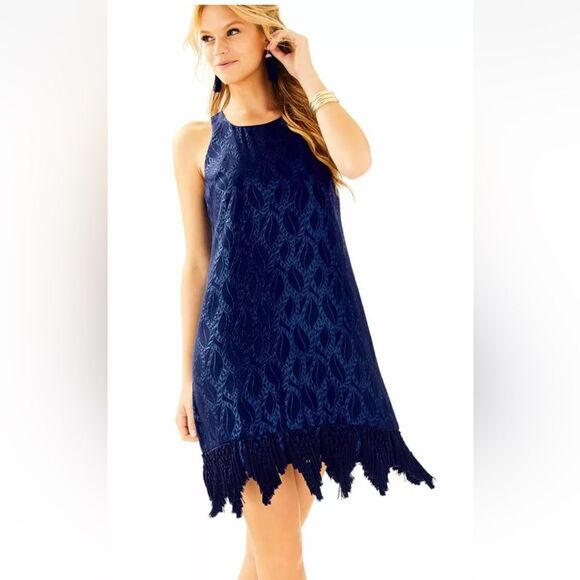 Lilly Pulitzer Marquette Shift Dress In True Navy Silk Leaf Jacquard M NWOT - Picture 1 of 14